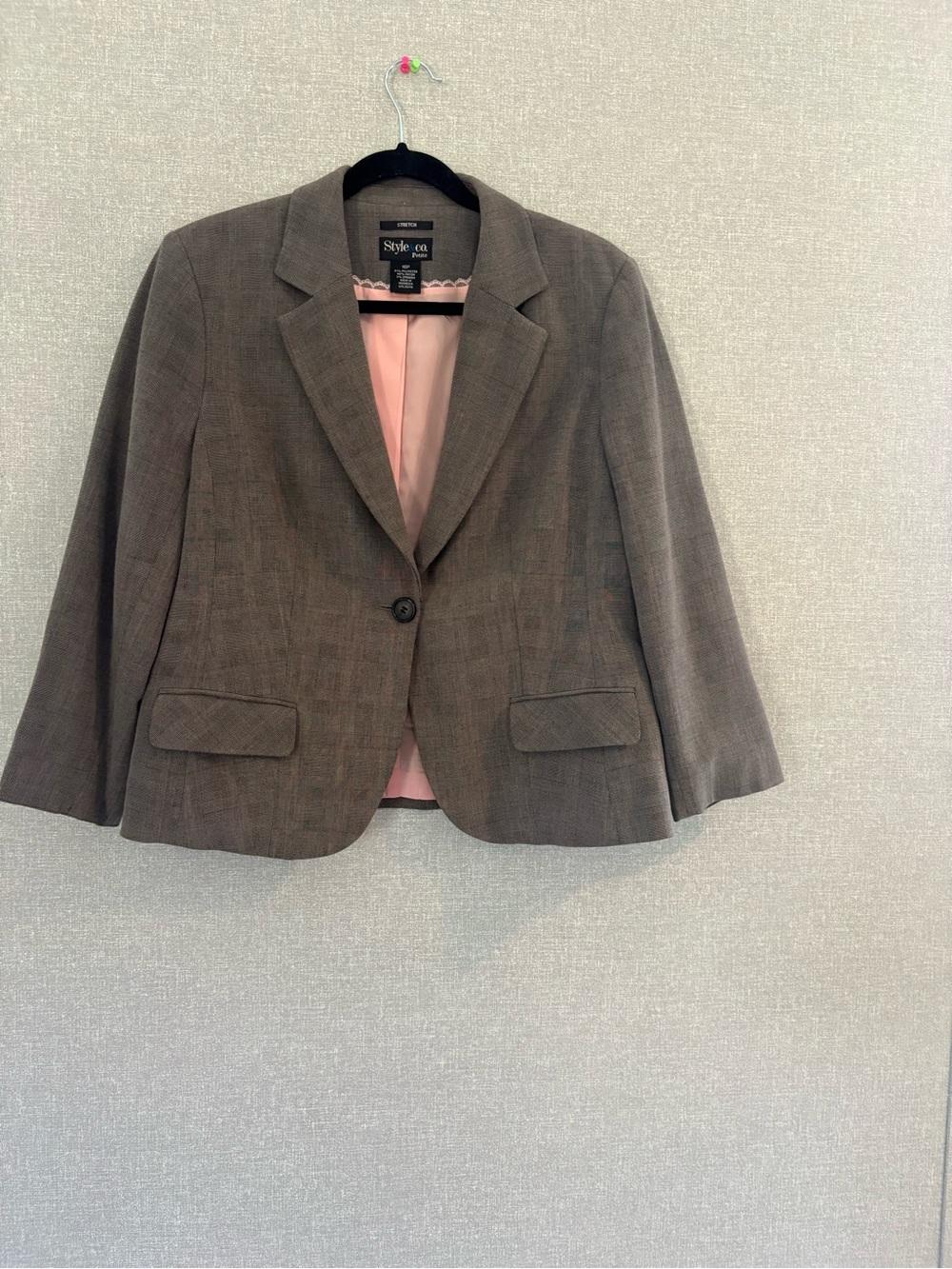 Style & Co Petite Blazer 16P Brown Plaid Stretch Pink Lining Career Jacket